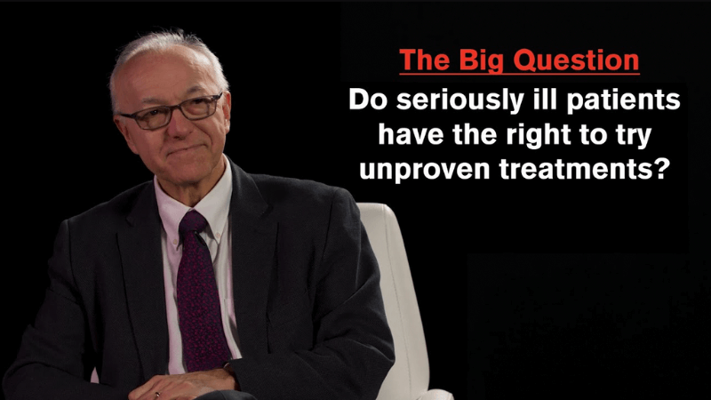 George Q Daley on a black background with the words The Big Question Do seriously ill patients have the right to try unproven treatments?