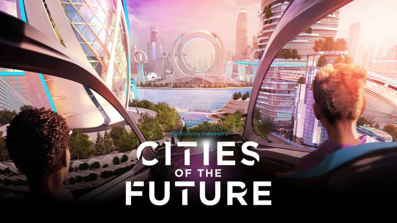 Cities of the Future film poster - two people riding in a futuristic vehicle through a futuristic city.