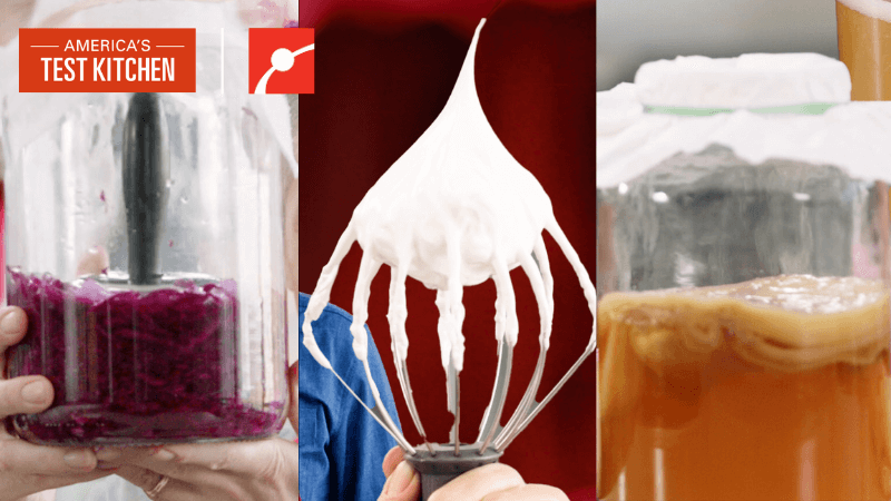 Images of sauerkraut, aquafaba meringue, and kombucha