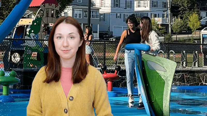 Alex Dainis in front of a splashpad