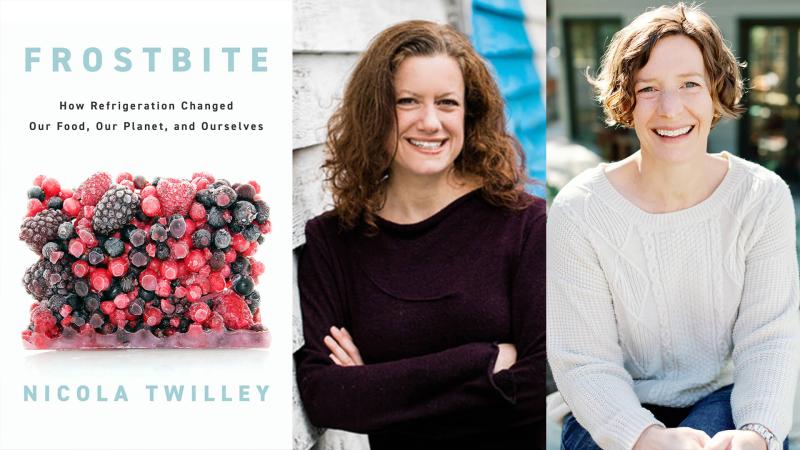 A collage of images including the book cover for Frostbite, the book's author Nicola Twilley and her co-host Cynthia Graber.