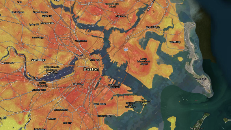 Heat map of the Boston area in 2019, displaying modeled air temperature variations.