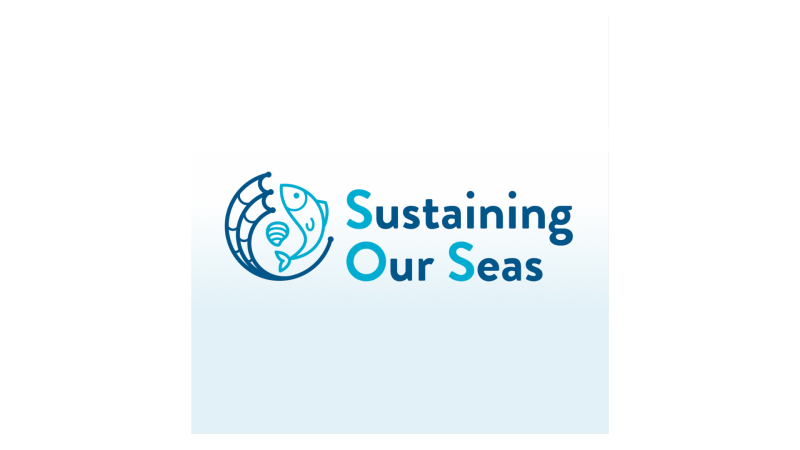 This is the logo for 'Sustaining our Seas', featuring a fish leaping from the ocean surface as an emblem.