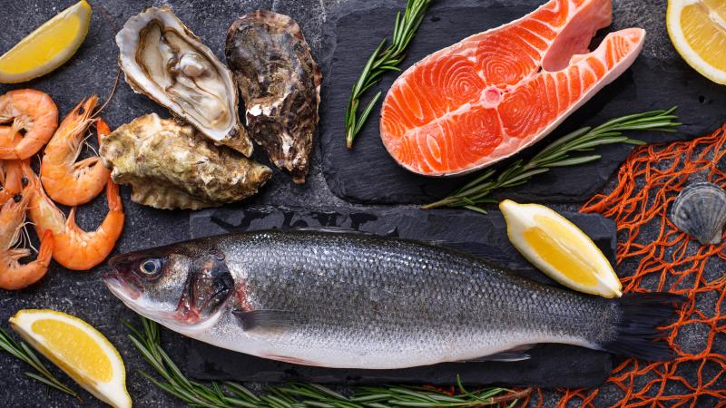 An image featuring a variety of seafood, including salmon, sea bass, shrimp, and oysters.