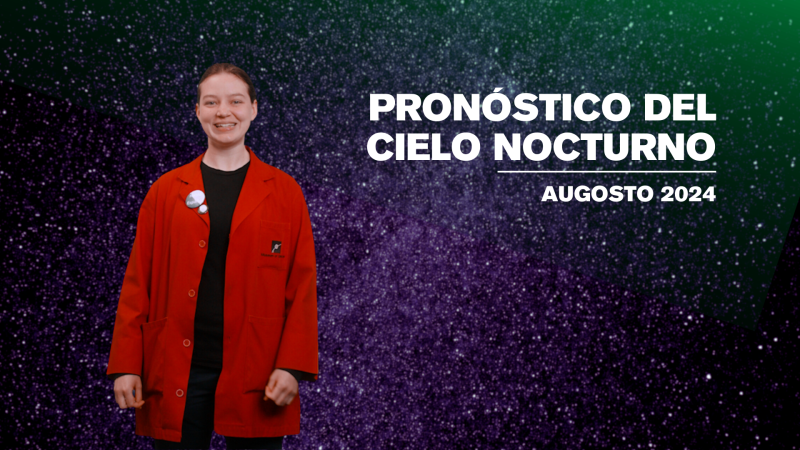 Museum Educator Georgia in a red lab coat with a starry background.