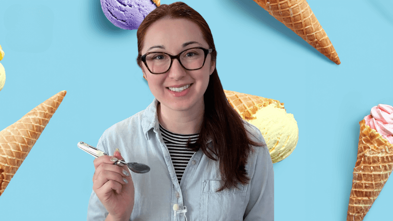 Alex Dainis holding a spoon with a blue background and ice cream cones floating behind her.