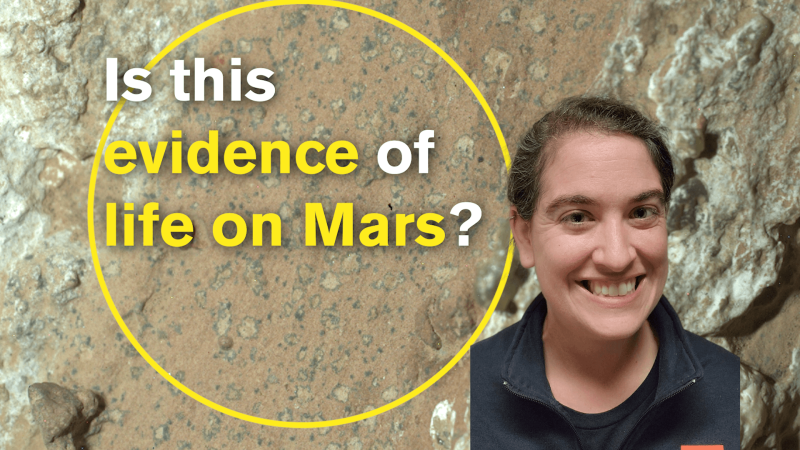 Talia in front of a Martian rock with leopard spots, plus the text "Is this evidence of life on Mars?"