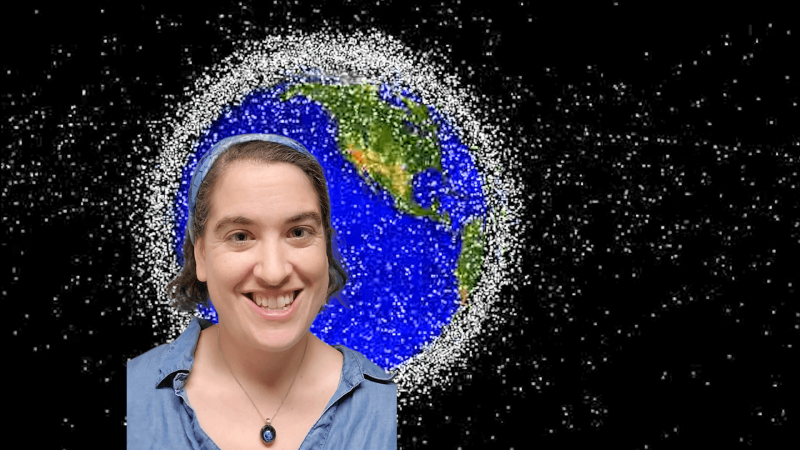 Talia in front of an image of Earth surrounded by satellites