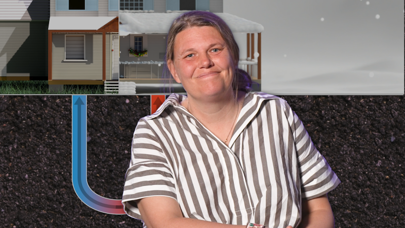Sara Wylie smiling with a geothermal cooling system in the background.