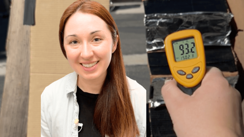 Alex Dainis next to a digital thermometer