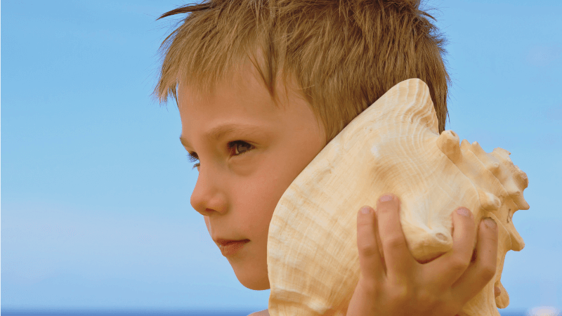 A young boy holds a shell up to his ear.