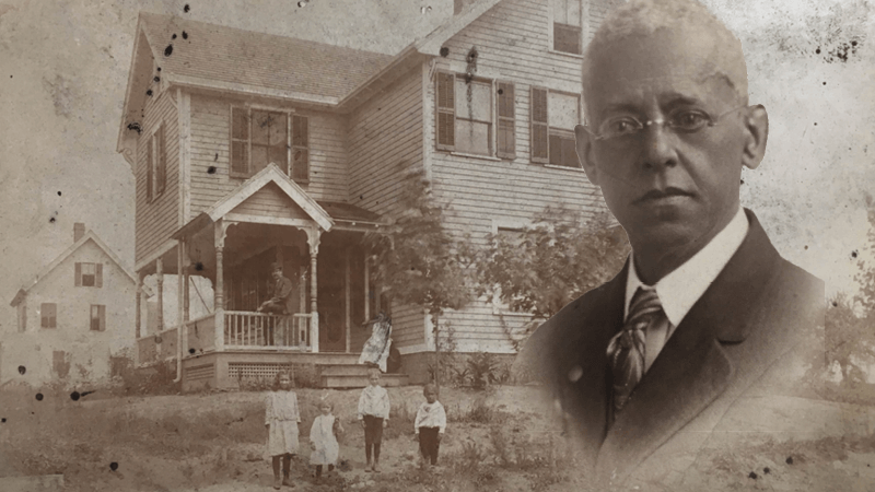 Lewis Latimer overlayed on an image of his house in Queens.