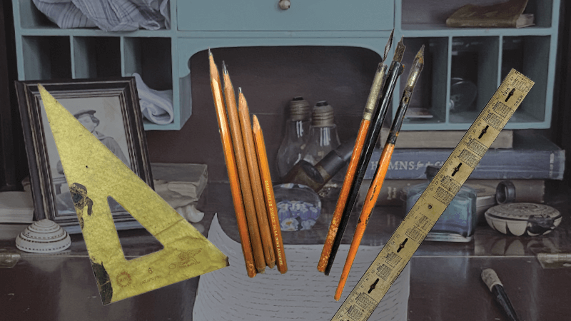 Lewis Latimer's drafting tools over an image of his desk.