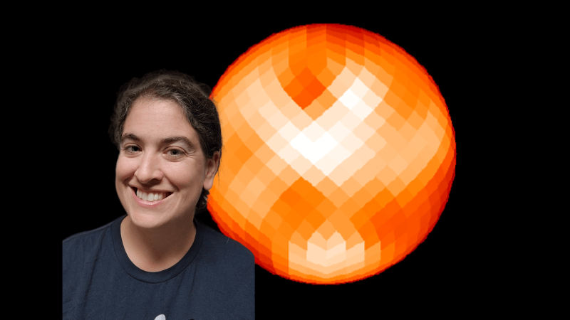 Talia in front of an image of the surface of Polaris
