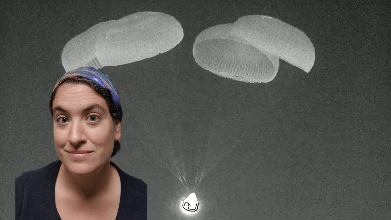 Talia smiling in front of the Polaris Dawn space capsule parachuting down