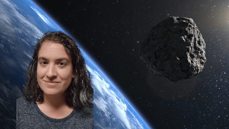 Talia in front of a rock in Earth's orbit