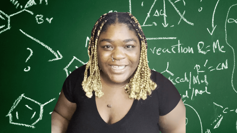 Lindsay Ejoh in front of a STEM background