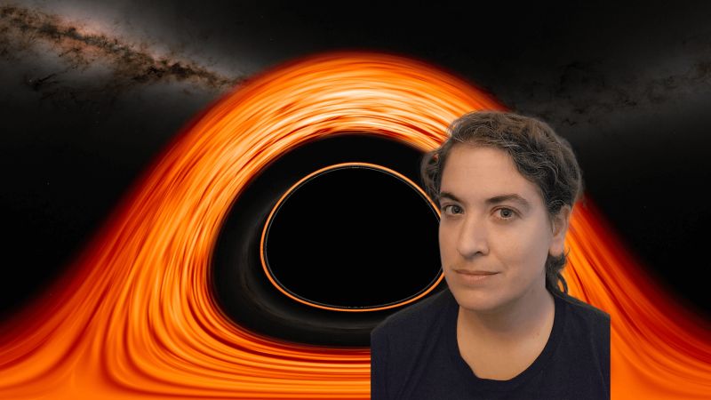 Talia in front of an image of a black hole