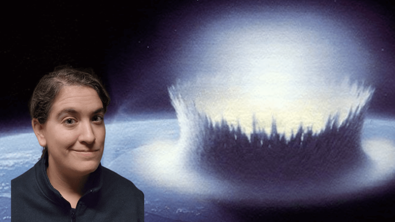 Talia in front of an image of a giant asteroid impact