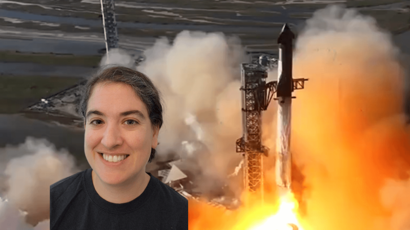 Talia in front of an image of a SpaceX rocket launch