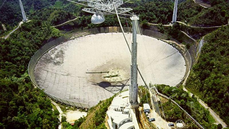 An aerial view of the Arecibo radio telescope dish, surrounding towers, and suspended platform. Credit: H. Schweiker/ WIYN/NOAO/AURA/NSF