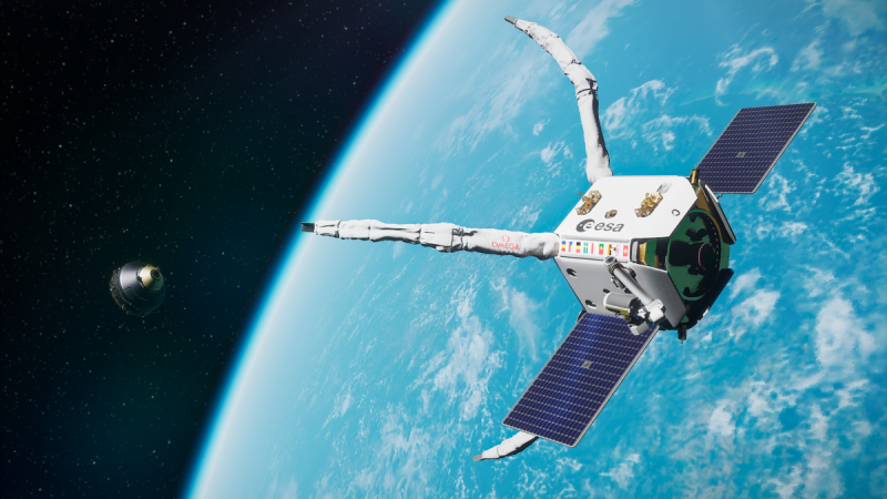 Artist’s illustration showing Clearspace-1 approaching its target. Credit: ClearSpace