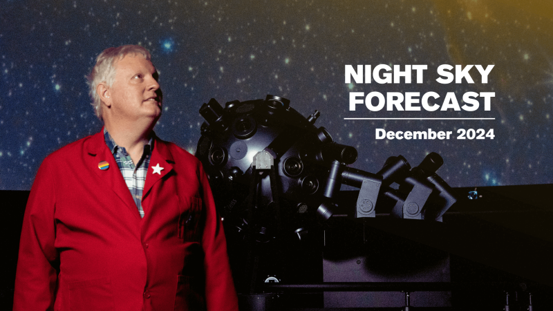 Chuck Wilcox and a starry background with text reading Night Sky Forecast December 2024