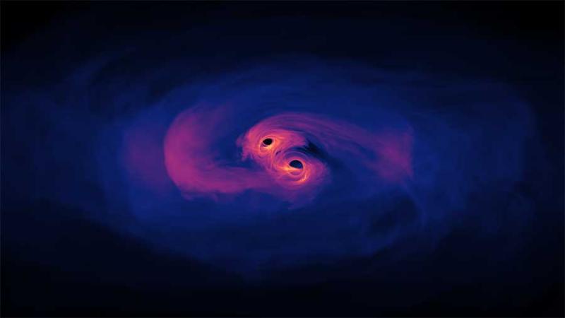 Illustration of two supermassive black holes preparing to merge. Credit: NASA’s Goddard Spaceflight Center/Scott Noble.
