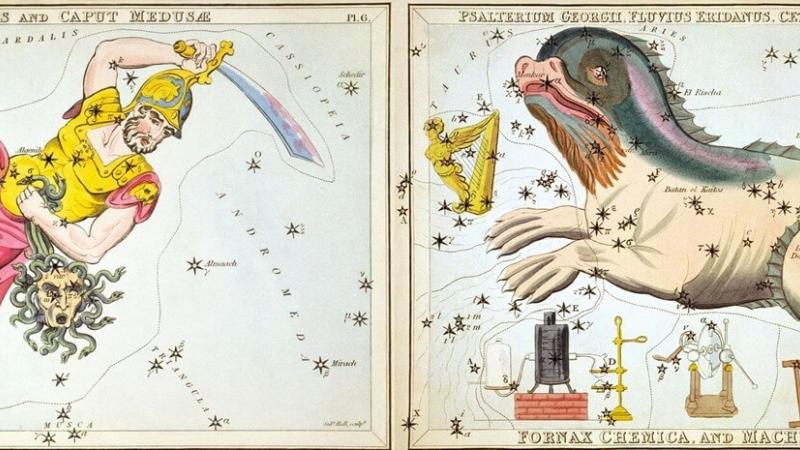 Artwork from Urania’s Mirror (1825) depicting the constellations Perseus (featuring the star Algol) and Cetus (featuring the star Mira). Credit: Wikimedia Commons