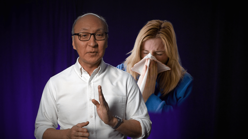 Insoo Hyun next to an image of a woman blowing her nose
