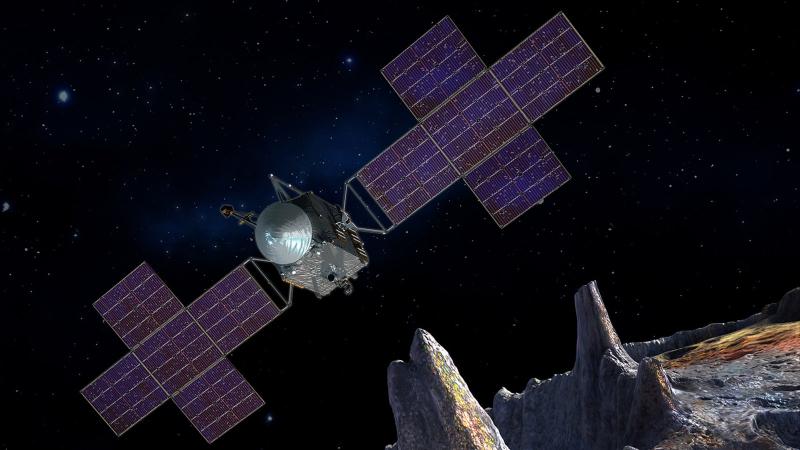 An artist’s illustration of the Psyche spacecraft flying over the asteroid Psyche. Credit: NASA/JPL-Caltech/ASU