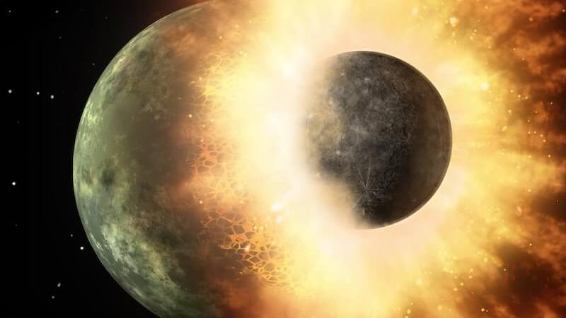 An artist’s rendition of the impact between Earth and Theia. Credit: NASA/JPL-Caltech