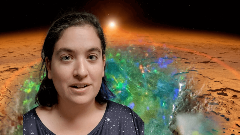 Talia in front of a composite image of Mars and opal