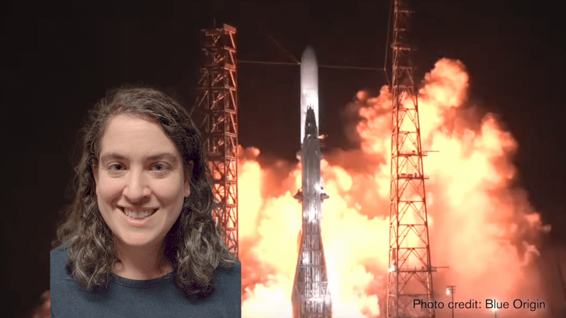 Talia in front of an image of Blue Origin's New Glenn rocket launch