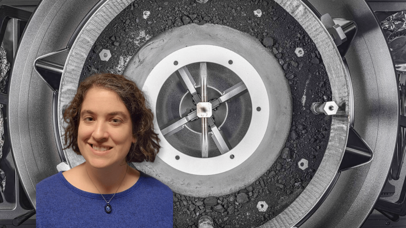 Talia in front of an image of the OSIRIS-REx capsule