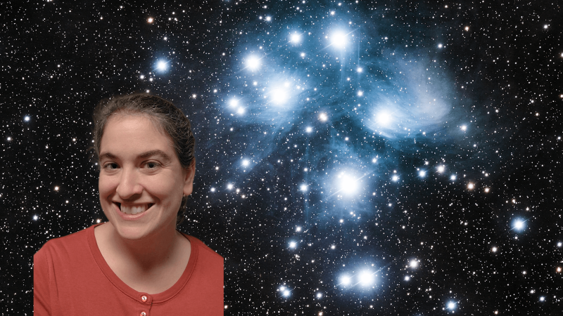 Talia in front of an image of the Pleiades constellation