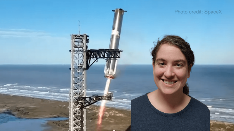 Talia with an image of SpaceX's Super Heave booster landing its chopsticks catch