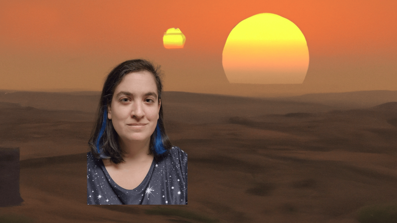 Talia with an image of a sunset with two suns