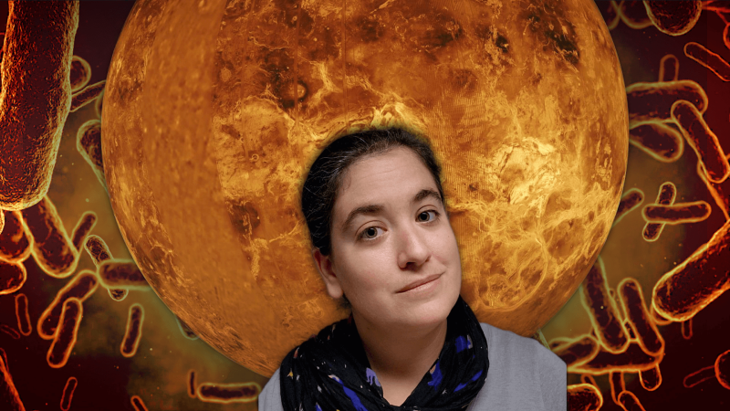 Talia in front of a composite image of Venus and bacteria