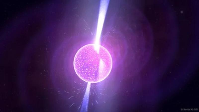 An artist’s rendition of a pulsar. When pulsars spin we see their bright magnetic beams (represented here as columns of light) as bright radio pulses that allow us to precisely time their spins. Credit: Kevin Gill