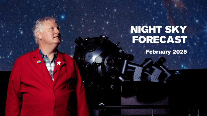 Chuck Wilcox with a starry background and text that reads "Night Sky Forecast: February 2025"