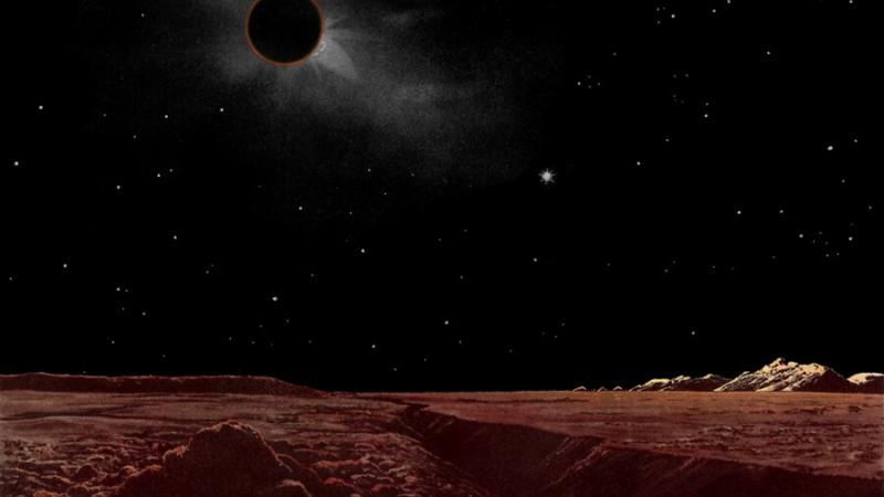 An artist’s painting imagining what a total lunar eclipse would look like from the surface of the Moon. Credit: Lucien Rudaux Fabio/feminofantascience.org