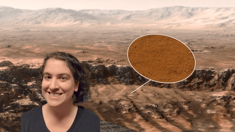 Talia smiling in front of a Martian landscape with a close up of the Martian soil
