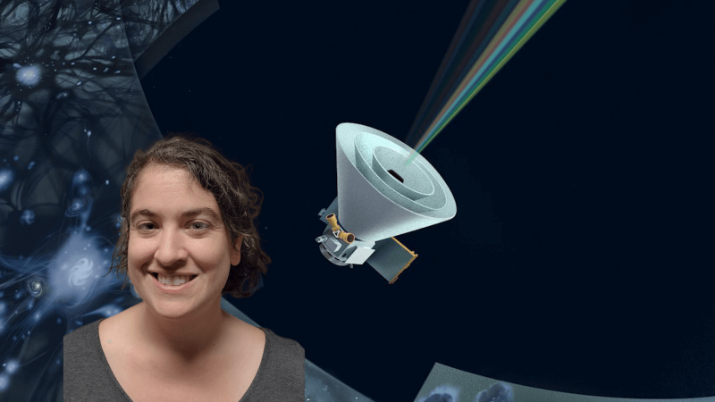 Talia in front of an artist's rendering of SphereX