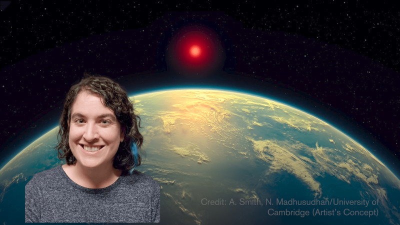 Talia in front of an artist visualization of exoplanet K2-18b