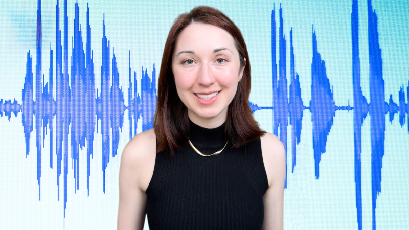 Alex Dainis in front of audio waves