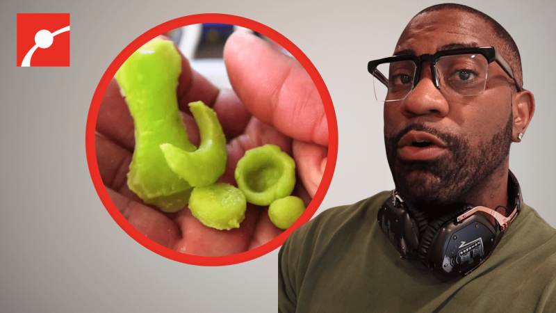 Maynard Okereke with a red circle showing homemade bioplastic shapes.