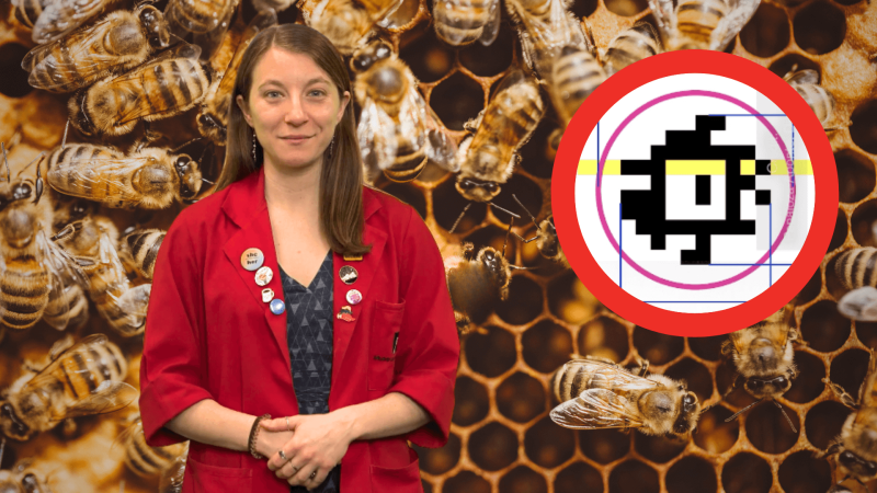 Educator Sloane in front of a hive of bees with a QR code in a red circle