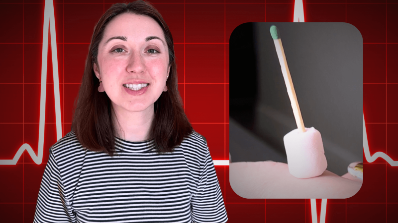 Alex Dainis in front of a heart beat image and a call out to a marshmellow with a matchstick in it. 