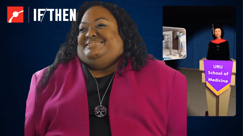 Crystal Emery smiling at the camera in front of a screenshot of her VR game.